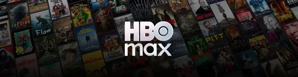 Logo platformy streamingowej HBO Max na tle miniatur filmów i seriali.